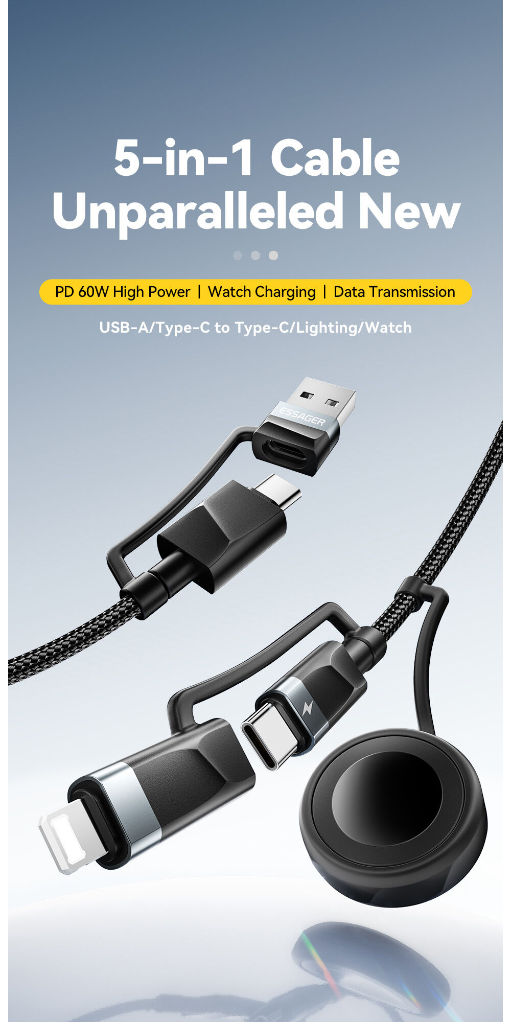 ESSAGER 3w1 uniwersalny Kabel ładujący i do przesyłu danych w oplocie - USB-C / USB-A na magnetyczne złącze / USB-C / Lightning - 2 m - czarny ESSAGER 3w1 uniwersalny Kabel ładujący i do przesyłu danych w oplocie - USB-C / USB-A na magnetyczne złącze / USB-C / Lightning - 2 m - czarny