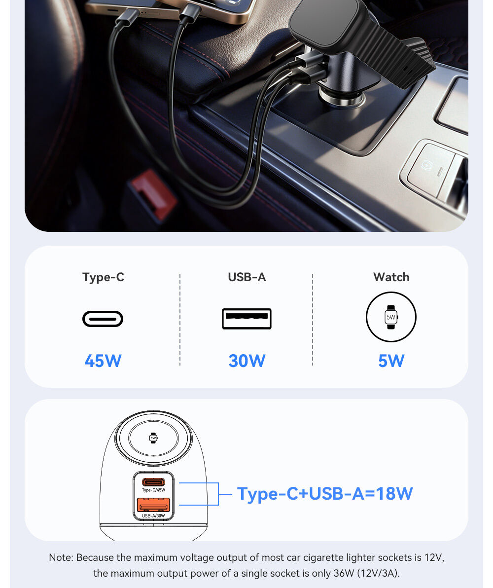 ESSAGER ES-CC31 ładowarka samochodowa z portami USB-C / USB-A i zintegrowaną ładowarką do Apple Watch - 50W - szara ESSAGER ES-CC31 ładowarka samochodowa z portami USB-C / USB-A i zintegrowaną ładowarką do Apple Watch - 50W - szara