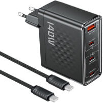Toocki TCT140 GaN zestaw ładowarki z portami 3x USB-C / USB-A i kabla USB-C na USB-C - 140W - 2 m - czarna