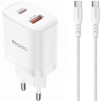 Yesido YC106 zestaw ładowarka z portami USB-C / USB-A i kabel USB-C do USB-C - 20W - 1 m - biały