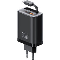 Zestaw ładowarki USAMS CC296 GaN z portami USB-C / USB-A i wysuwanego kabla USB-C - 30W - czarny