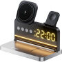 HT-568 3w1 składana magnetyczna bezprzewodowy podstawka z zegarem, budzikiem i podświetleniem do iPhone / Apple Watch / AirPods - 15W - szara
