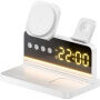 HT-568 3w1 składana magnetyczna Bezprzewodowy Podstawka z zegarem, budzikiem i podświetleniem do iPhone / Apple Watch / AirPods - 15W - biała