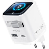Yesido YC123 GaN zestaw ładowarki z wyświetlaczem i portami USB-C / USB-A oraz wysuwanego kabla USB-C - 70W - biały
