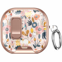 Etui we wzory kwiatowe z zapięciem i karabińczykiem do AirPods 4 / 5 - różowozłote