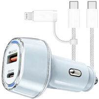 P78 zestaw ładowarki samochodowej z portami USB-C / USB-A i kabel USB-C na USB-C / Lightning - 55W - 1 m - niebieski