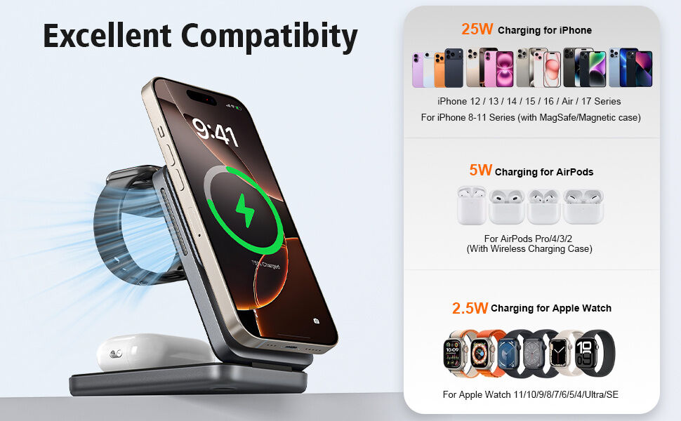 Q29 Qi2.2 3w1 składana magnetyczna Bezprzewodowy Podstawka do iPhone / Apple Watch / AirPods - 25W - biały