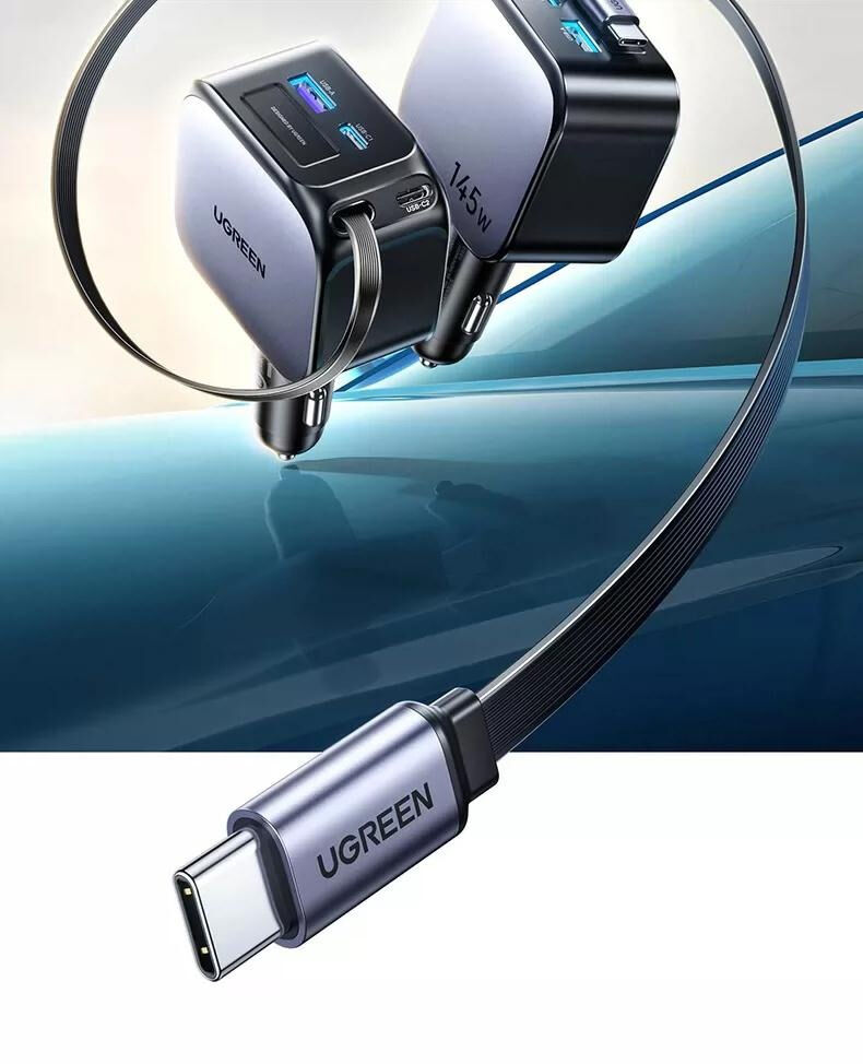 UGREENZestaw ładowarki samochodowej EC604 z 2 portami USB-C / USB-A i przedłużanym kablem USB-C - 145 W - 70 cm - szary