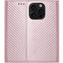 Etui zamykane ze wzorem włókna węglowego do iPhone 15 Pro - różowe