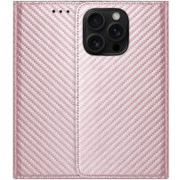 Etui zamykane ze wzorem włókna węglowego do iPhone 15 Pro - różowe